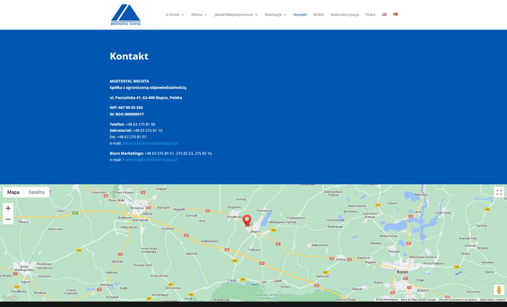 Zrzut ekranu strony kontakt firmy Mostostal Słupca