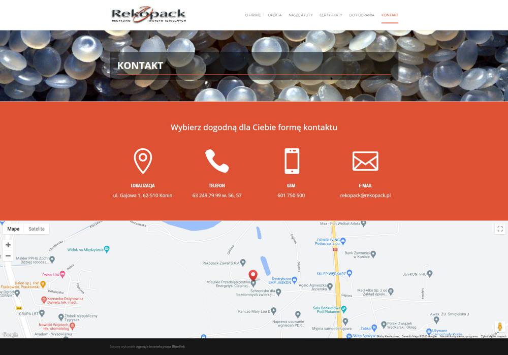 Zrzut ekranu strony z danymi kontaktowymi firmy Rekopack z Konina